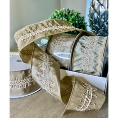 Gold and Cream Embroidered Wired Ribbon Image