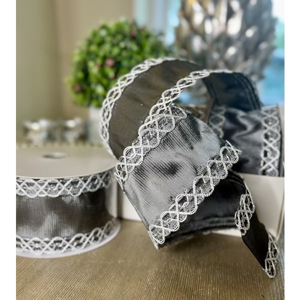 Grey and Silver Embroidered Edge Wired Ribbon 