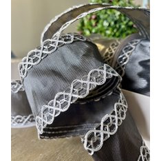 Grey and Silver Embroidered Edge Wired Ribbon  Image