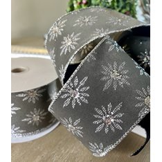 Grey Velvet and Glitter Flower Wired Ribbon  Image