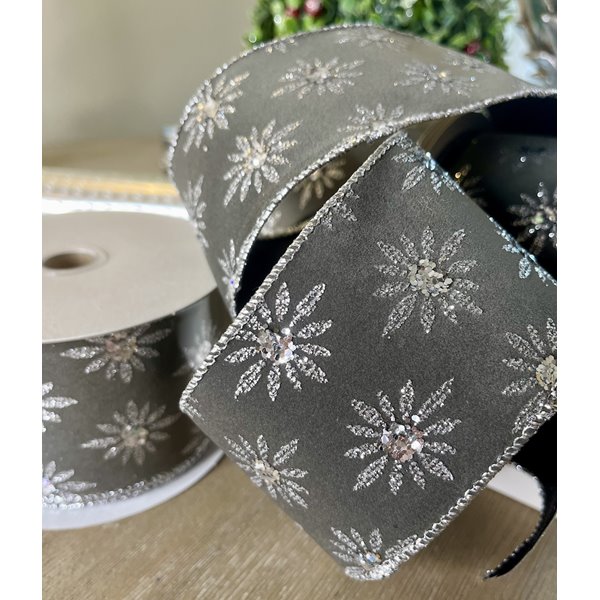 Grey Velvet and Glitter Flower Wired Ribbon 