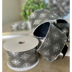 Grey Velvet and Glitter Flower Wired Ribbon  Image