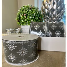 Grey Velvet and Glitter Flower Wired Ribbon  Image