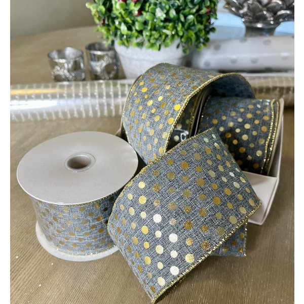 Grey with Gold polka Dot Wired Ribbon