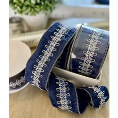 Navy and White Embroidered Wired Ribbon Image