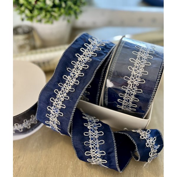 Navy and White Embroidered Wired Ribbon