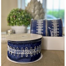 Navy and White Embroidered Wired Ribbon Image