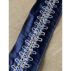 Navy and White Embroidered Wired Ribbon Image