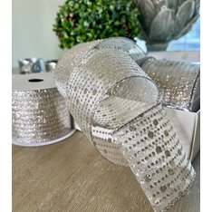 Silver Glitter Diamond Dot Wired Ribbon Image