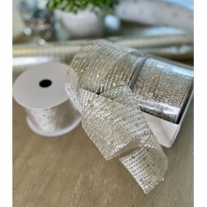 Silver Glitter Diamond Dot Wired Ribbon Image