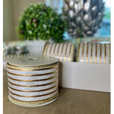 White Velvet and Gold Stripe Wired Ribbon Image