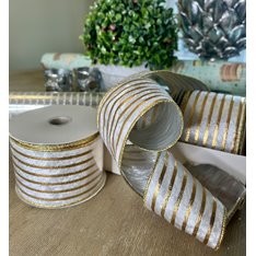 White Velvet and Gold Stripe Wired Ribbon Image