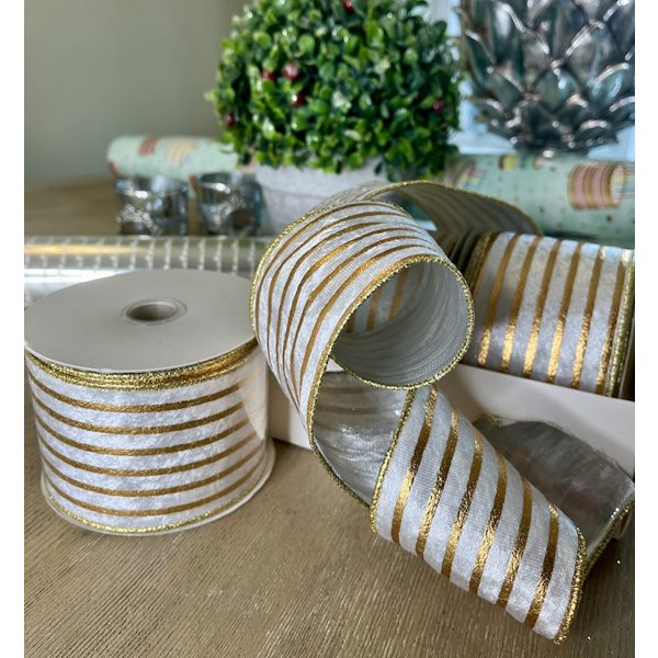 White Velvet and Gold Stripe Wired Ribbon