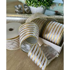 White Velvet and Gold Stripe Wired Ribbon Image