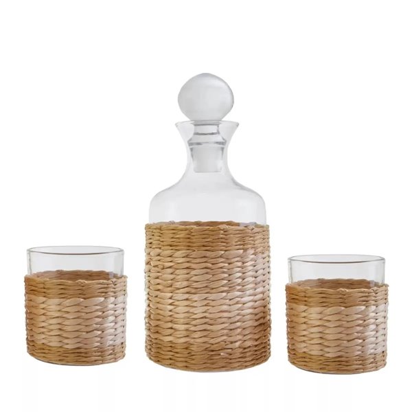 Woven Rattan Decanter Set with 2 Glasses